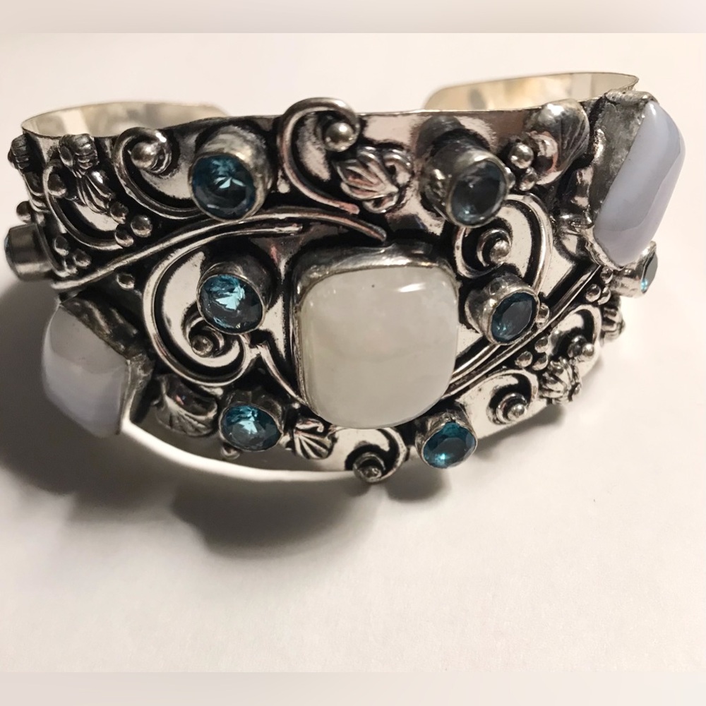 Moonstone Owhyee Opal Blue Topaz Stamped Solid 925 Sterling Silver Cuff Bracelet